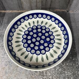 Boleslawiec Polish Pottery Pie Dish 9.5 in. Blue & White Green Peacock